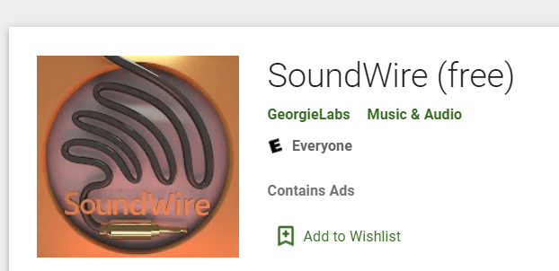 „SoundWire“ „Google Play“ parduotuvės puslapis