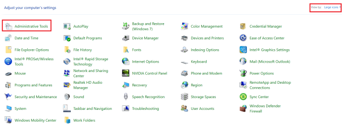 Windows 10 vadības paneļa izvēlne
