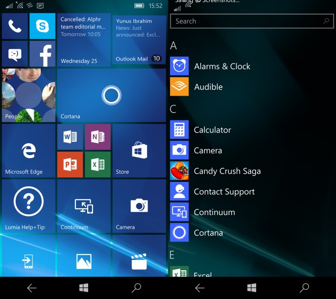 Windows 10 Mobile apskats: sākuma ekrāns un visu programmu izvēlne