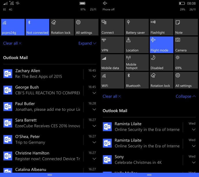 Windows 10 మొబైల్ సమీక్ష: నోటిఫికేషన్‌ల మెను