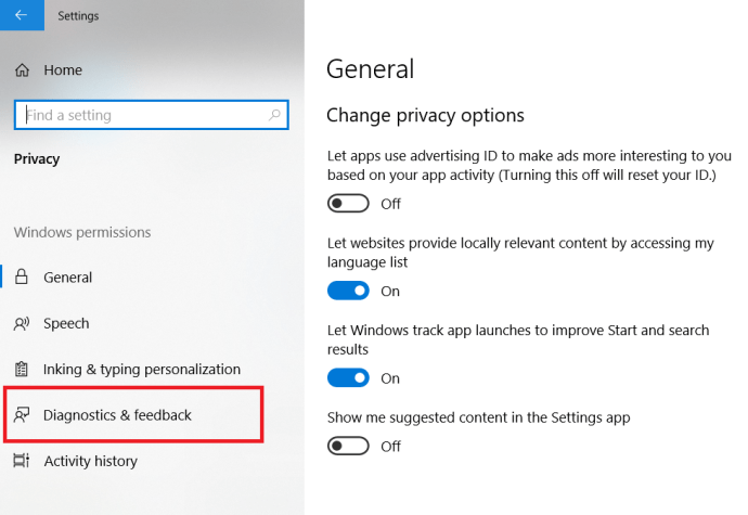 Windows konfidencialitātes izvēlne