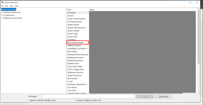Windows 10 Systeminformationsside