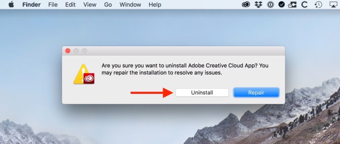 Pašalinkite „Creative Cloud“ mygtuką