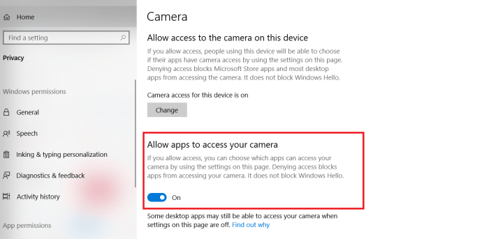 Ustawienia aparatu w systemie Windows 10